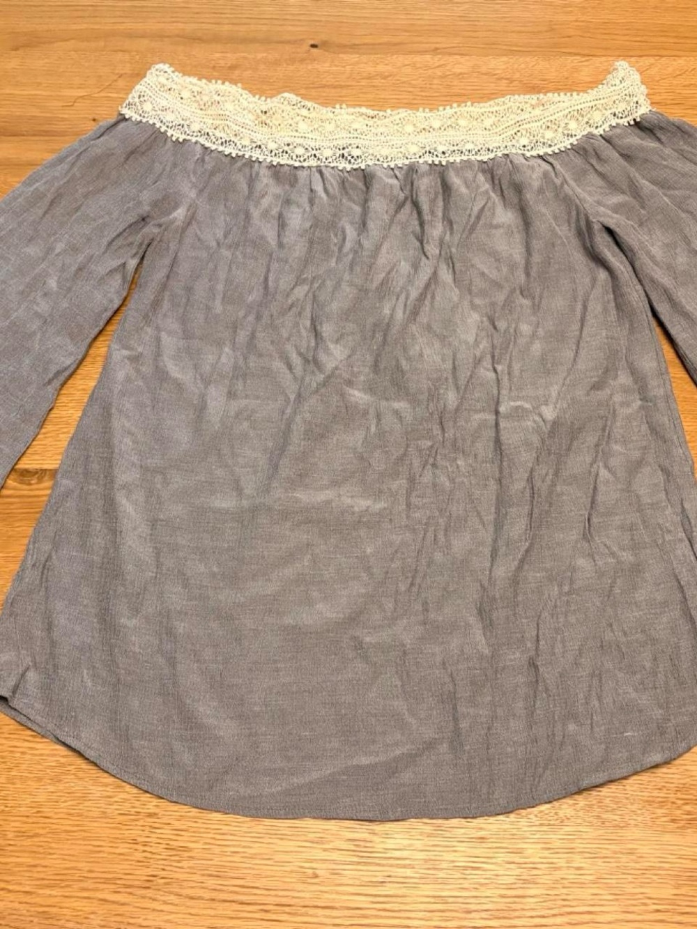 Hella C. Off-Shoulder Lace-Trim Blouse in Light Gray